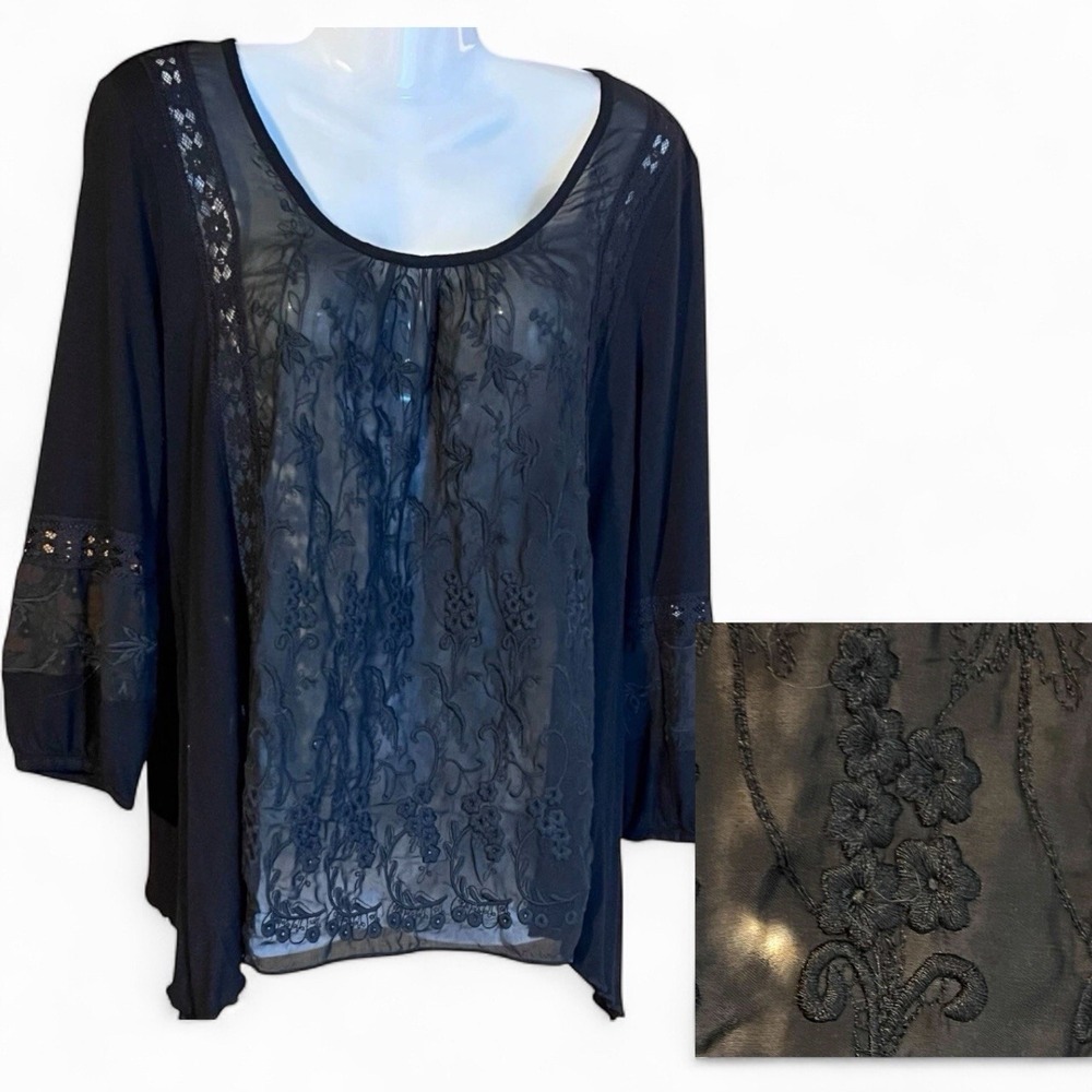 Cupio Woman Black‎ Floral Lace Front Tunic Top Whimsigoth Witchy CottageCore Med